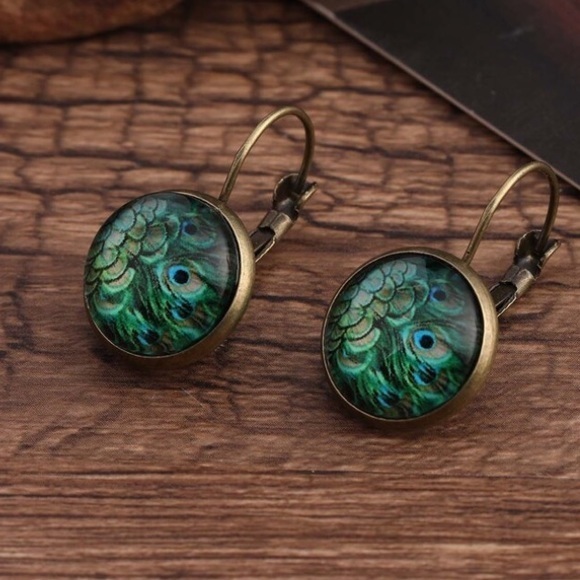 Peacock Print Drop Hoop Dangle Earrings - Picture 2 of 6